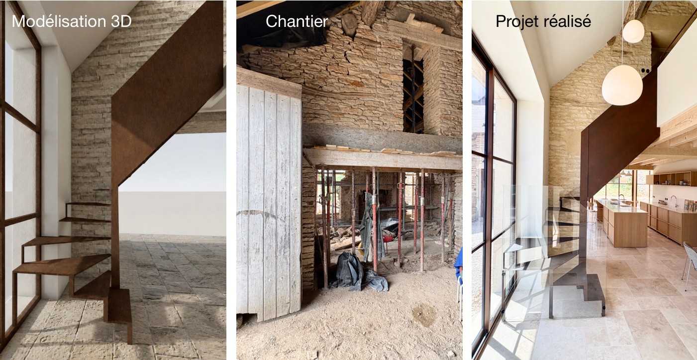 Composite de trois vues — Modélisation 3D, Chantier, Projet réalisé — illustrant la mission complète de conception et maîtrise d'œuvre
